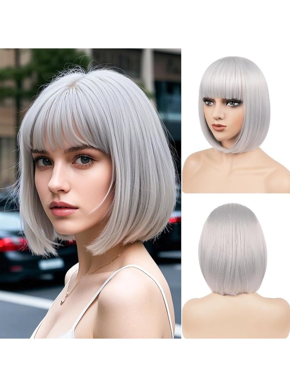 Women Silver Heat Resistant Synthetic Bob Party Neon Wig Bangs 12 Inch